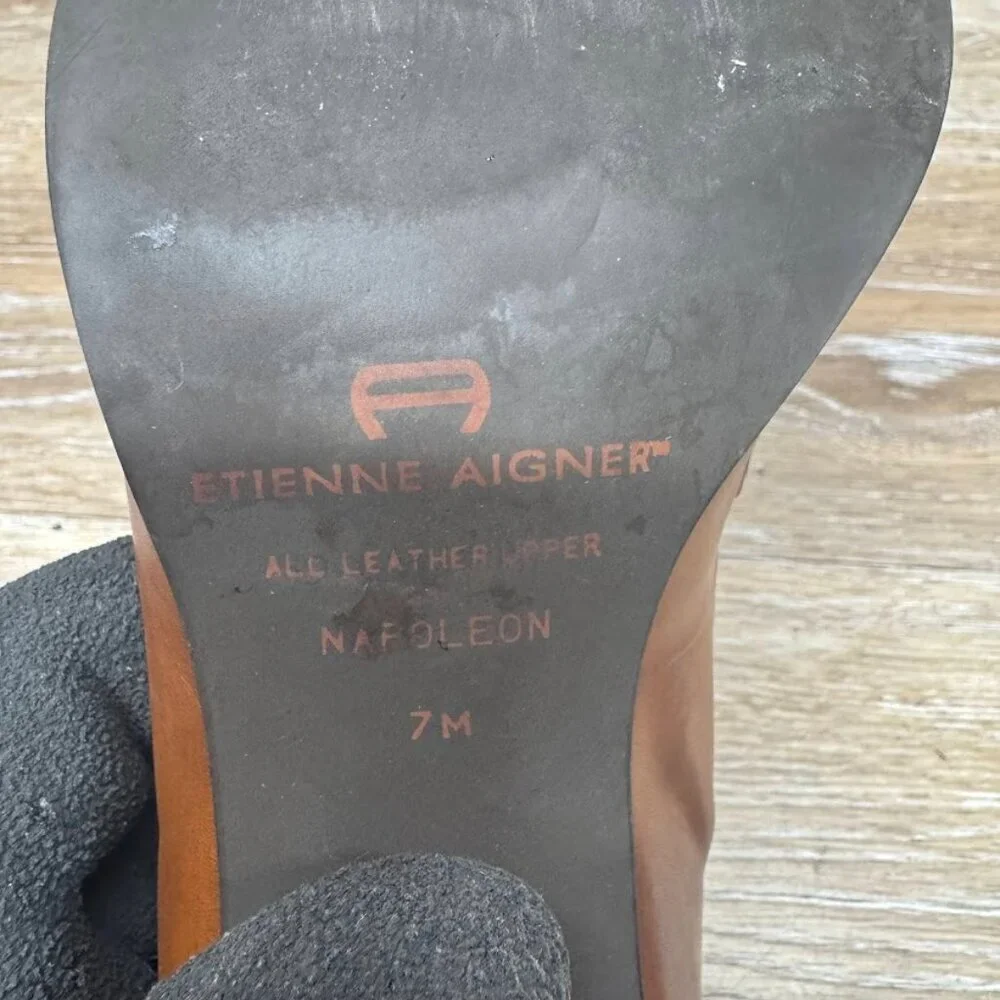 Etienne Aigner Napoleon Brown Leather Slip On Heels Women's Size 7 - Picture 5 of 7